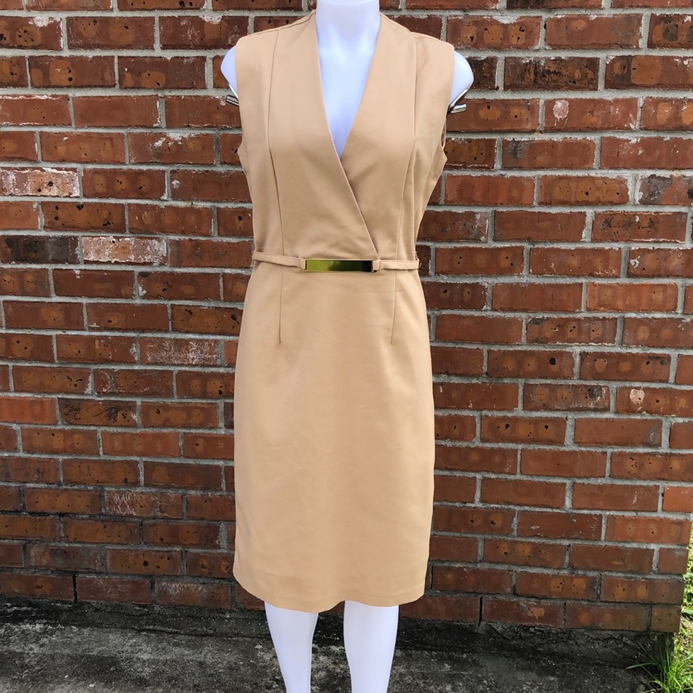 OVI tan sleeveless office dress with belt large